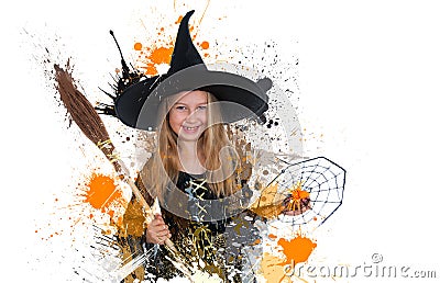 Girl posing in witch dress with broom and spider, Halloween little witch Stock Photo