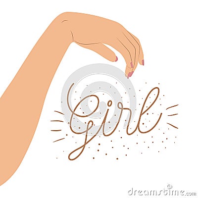 Girl poster with delicate female right arm in skin color on white background Vector Illustration