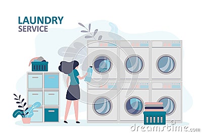Girl pours powder or fabric softener into washer. Woman washing clothes in public laundry. Baskets of dirty and clean things Vector Illustration