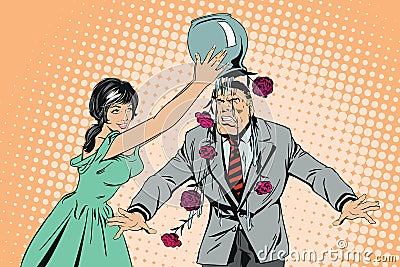 Girl pours vase of flowers on man`s head. Male is in shock. Vector Illustration