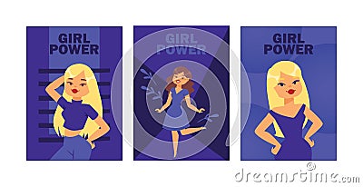 Girl power cards illustration. Attractive girls posing as models. Beautiful blonde, brunette women in dress, jeans and T Cartoon Illustration