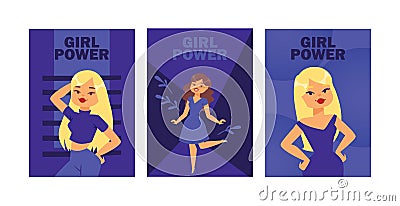 Girl power cards vector illustration. Attractive girls posing as models. Beautiful blonde, brunette women in dress Vector Illustration