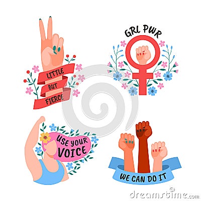 Girl power. Female movement feminist symbols. Woman society and solidarity stickers and labels, activist motivation Vector Illustration
