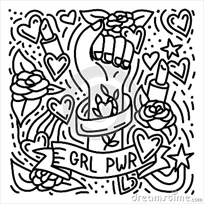 Girl power hand drawn doodle feminist poster with woman`s fist Vector Illustration