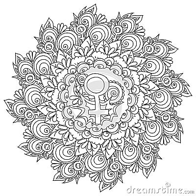 Girl power mandala, round coloring page with ornate patterns and feminine sign in the center Vector Illustration