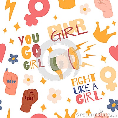 Girl power pattern, girly stickers. Female quote print, fashion flower lettering, feminist woman quote. Decor textile Vector Illustration