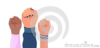 Girl power poster. Women hands with different skin color. Set. Hands with different trappings. Feminism, race equality, Stock Photo