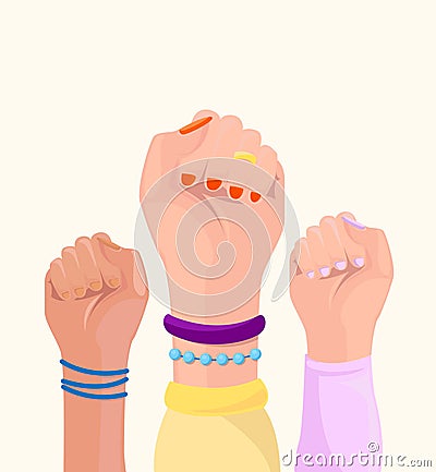 Girl power poster. Women hands with different trappings and different skin color. Set. Feminism, race equality, tolerance art. Stock Photo