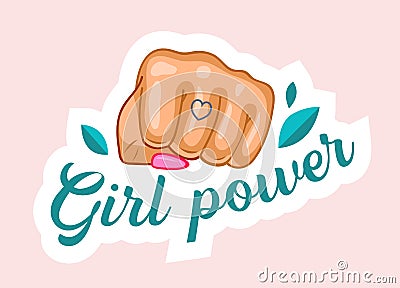Girl Power with Raised Female Fist with Manicure and Heart Tattoo on Finger. Feminist Slogan, International Women Day Vector Illustration