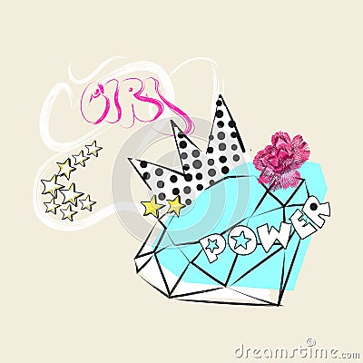 Girl power Slogan with diamond, crown and rose. Vector pop art collage for t shirt and printed design. Vector Illustration