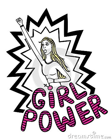 Girl Power Vector hand drawn illustration of picture of powerful girl with lettering. Woman motivational slogan Vector Illustration