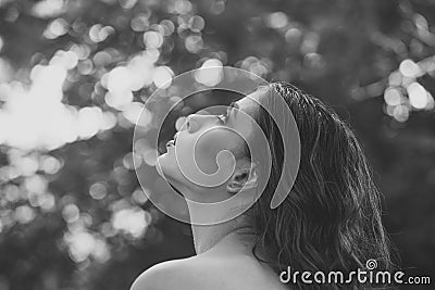 Girl Powered. Issues face girls. Woman with curly hairstyle and bare shoulder on summer day. Woman with long brunette Stock Photo