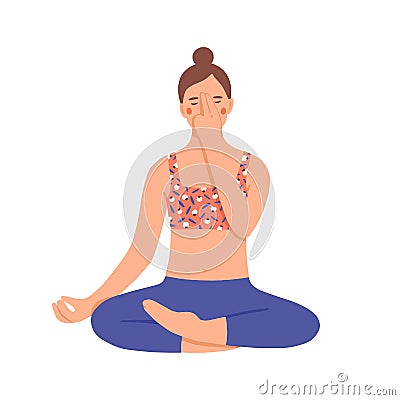 Girl practicing pranayama. Young woman use special breathing technique. Character doing yoga in lotus position Vector Illustration