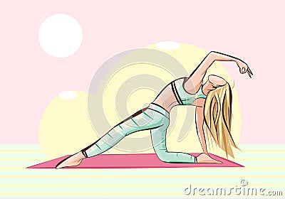 Girl practicing yoga or doing exercise or dancing. Colourful, cartoon, vector art Vector Illustration