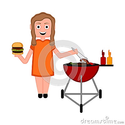 Girl preparing a sausage on a barbecue grill Vector Illustration