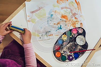 Girl, preschooler, painting with water color Stock Photo