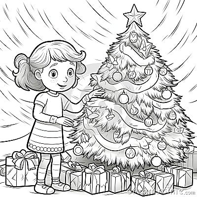 A girl, presents and a Christmas tree. Black and white coloring sheet. Xmas tree as a symbol of Christmas of the birth of the Vector Illustration