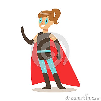 Girl Pretending To Have Super Powers Dressed In Superhero Costume With Red Cape And Make Up Smiling Character Vector Illustration