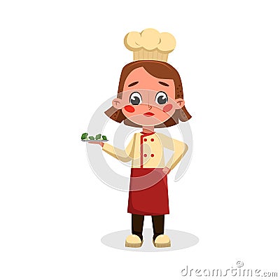 Girl Professional Chef Character Holding Plate with Broccoli, Cute Kid in Uniform and Hat Cooking Tasty Dish Cartoon Vector Illustration