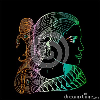 Girl in profile in Indian clothes. Gradient drawing. Vector Illustration