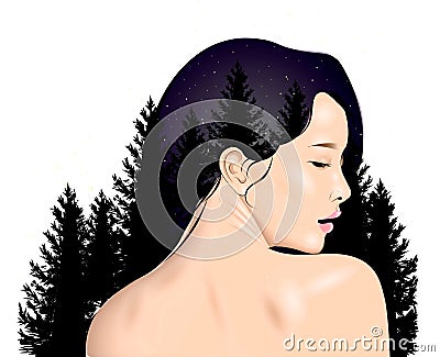 Girl in profile with landscape Vector Illustration