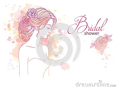 Girl in profile with wedding hair style with flowers, hand drawn sketch vector outline illustration Vector Illustration