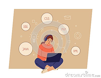 Girl programming. Programmer working, female character with laptop and headphones. Woman coding or learning vector Vector Illustration