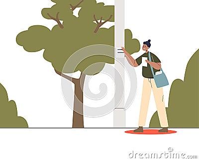 Girl promoter distribute flyers with advertisement, gluing promotional banners on pillars on street Vector Illustration