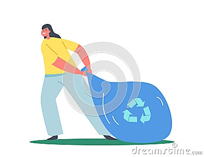 Girl Pull Garbage Sack Isolated on White Background. Child Character Clean Park. Trash Cleanup, Ecology Protection Vector Illustration