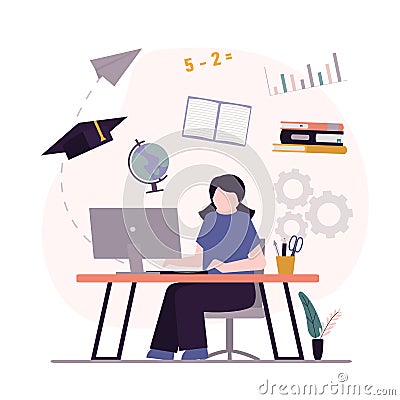 Girl pupil learns remotely on computer. Kid studies different sciences. Student sits at workplace and studies. Female Vector Illustration