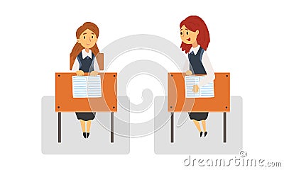 Girl Pupil or Student Sitting at Desk Having School Lesson Front View Vector Set Vector Illustration