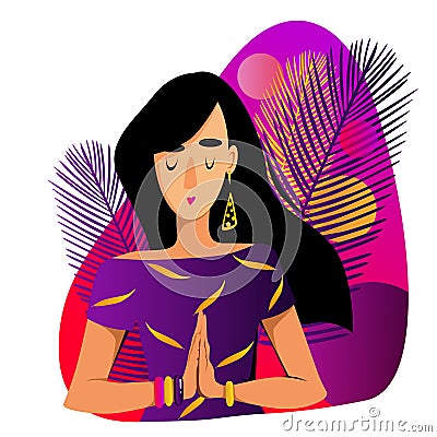 A girl on a purple background folded her hands in a namaste position. Vector illustration of yoga practice Cartoon Illustration