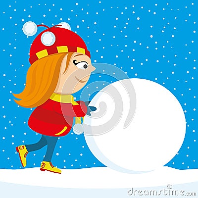Girl pushes a big snowball. Vector Illustration