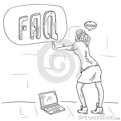 A girl pushes a cube with the word FAQ an isolated contour drawing for the design of web pages and mobile applications Vector Illustration