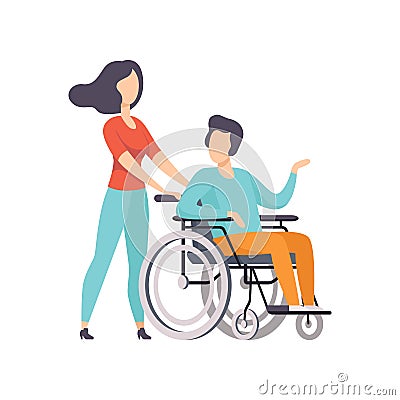 Girl pushing wheelchair with disabled man, girl supporting her friend, handicapped person enjoying full life vector Vector Illustration