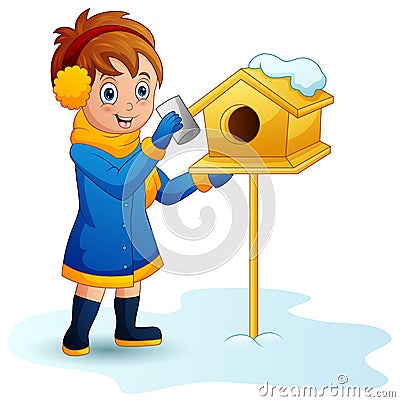 Girl puts a letter into the mailbox in winter Cartoon Illustration