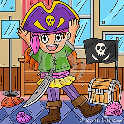 Girl Putting on a Pirate Hat Colored Cartoon Vector Illustration