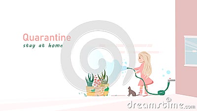 Girl quarantine watering plants, people activity cartoon character flat design, idea creative background vector illustration Vector Illustration