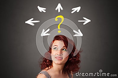 Girl with question and direction concept Stock Photo