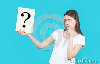 Girl question. Woman with doubtful expression and question marks. Thinking woman. Getting answers, thinking. Question Stock Photo