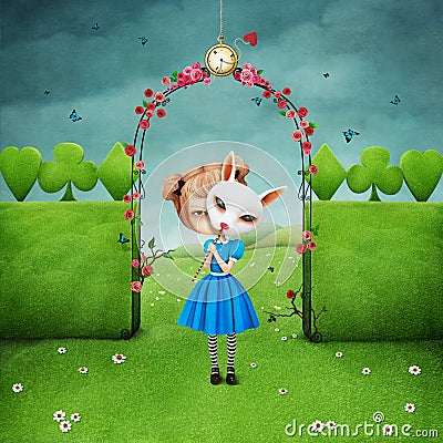 Girl and Rabbit Cartoon Illustration