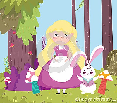 Girl with rabbit tree forest mushroom grass in wonderland Vector Illustration