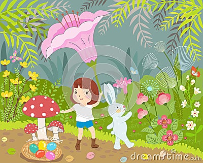 Girl and rabbit in wonderful day Stock Photo