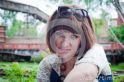 The girl in railway park Stock Photo