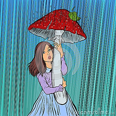 Girl in the rain hid under a mushroom Vector Illustration