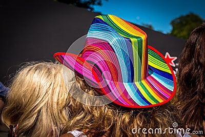 Girl in the rainbow hat, Amsterdam Stock Photo