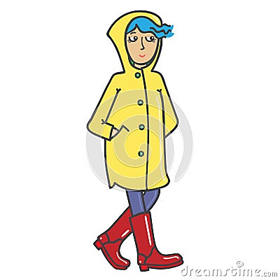 A girl in a raincoat and rain boots walks. Raining vector illustration Vector Illustration