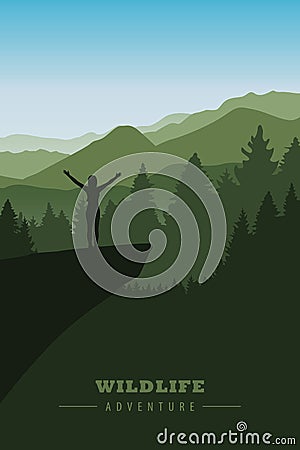 Girl with raised arms on a cliff in green forest mountain Vector Illustration