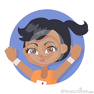 Girl with Raised Hands. Black Pigtail and Forelock Vector Illustration