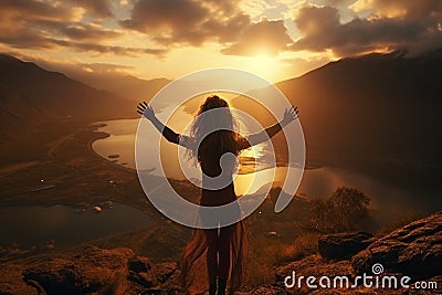 The girl raised her hands to the sun against the backdrop of the mountains. Healthy lifestyle, travel concept Stock Photo